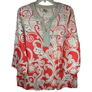 JM Collections 100% linen sequined tunic top, coral/tan/gray size XL, EUC